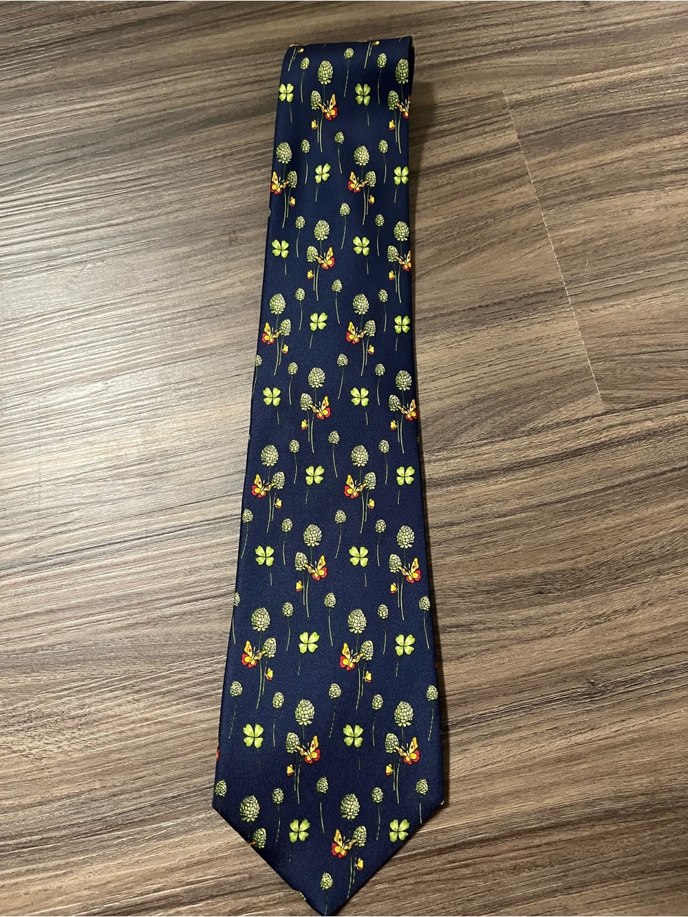 Salvatore Ferragamo Navy Tie with Yellow-Green Butterflies and clover floral